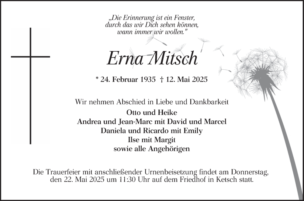  Traueranzeige für Erna Mitsch vom 17.05.2025 aus Schwetzinger Zeitung
