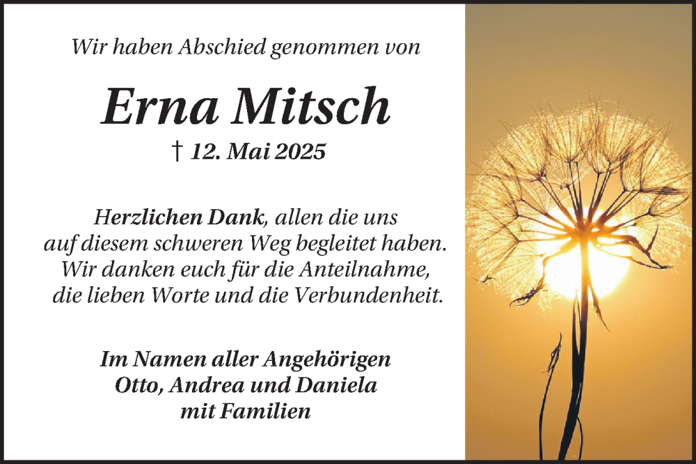  Traueranzeige für Erna Mitsch vom 31.05.2025 aus Schwetzinger Zeitung