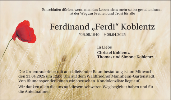 Traueranzeige von Ferdinand Koblentz von Mannheimer Morgen