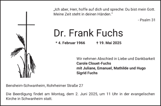 Traueranzeige von Frank Fuchs von Bergsträßer Anzeiger