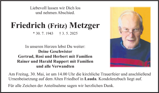 Traueranzeige von Friedrich Metzger von Fränkische Nachrichten
