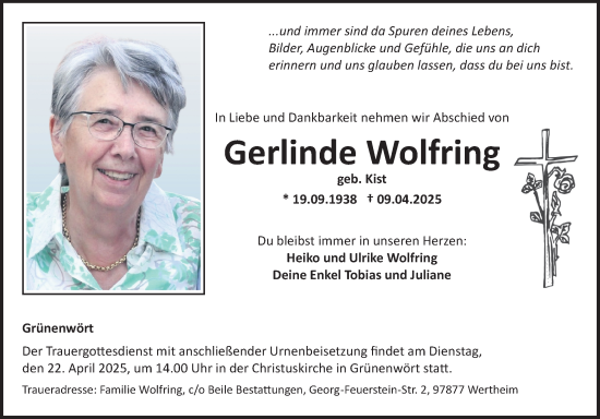 Traueranzeige von Gerlinde Wolfring von Fränkische Nachrichten