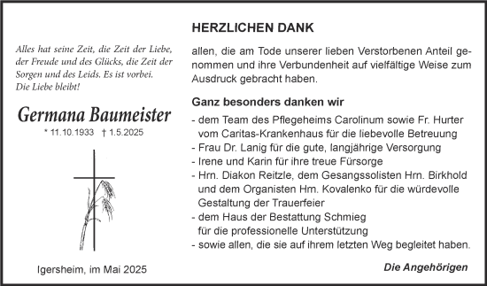 Traueranzeige von Germana Baumeister von Fränkische Nachrichten