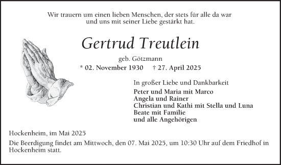 Traueranzeige von Gertrud Treutlein von Schwetzinger Zeitung