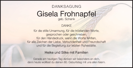 Traueranzeige von Gisela Frohnapfel von Fränkische Nachrichten