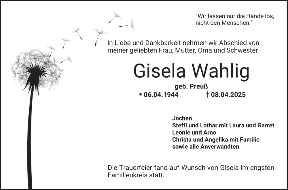  Traueranzeige für Gisela Wahlig vom 03.05.2025 aus Bergsträßer Anzeiger