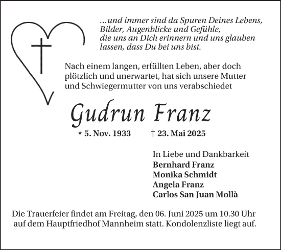 Traueranzeige von Gudrun Franz von Mannheimer Morgen