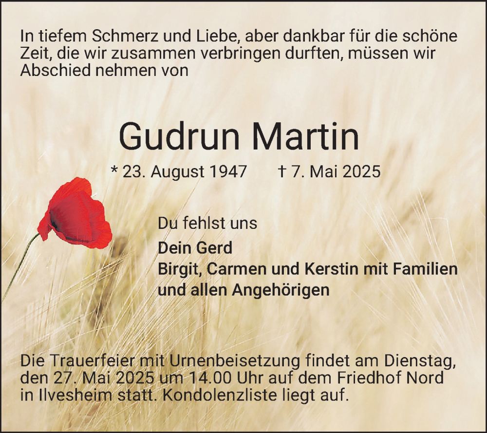  Traueranzeige für Gudrun Martin vom 17.05.2025 aus Mannheimer Morgen