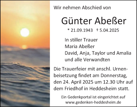 Traueranzeige von Günter Abeßer von Mannheimer Morgen