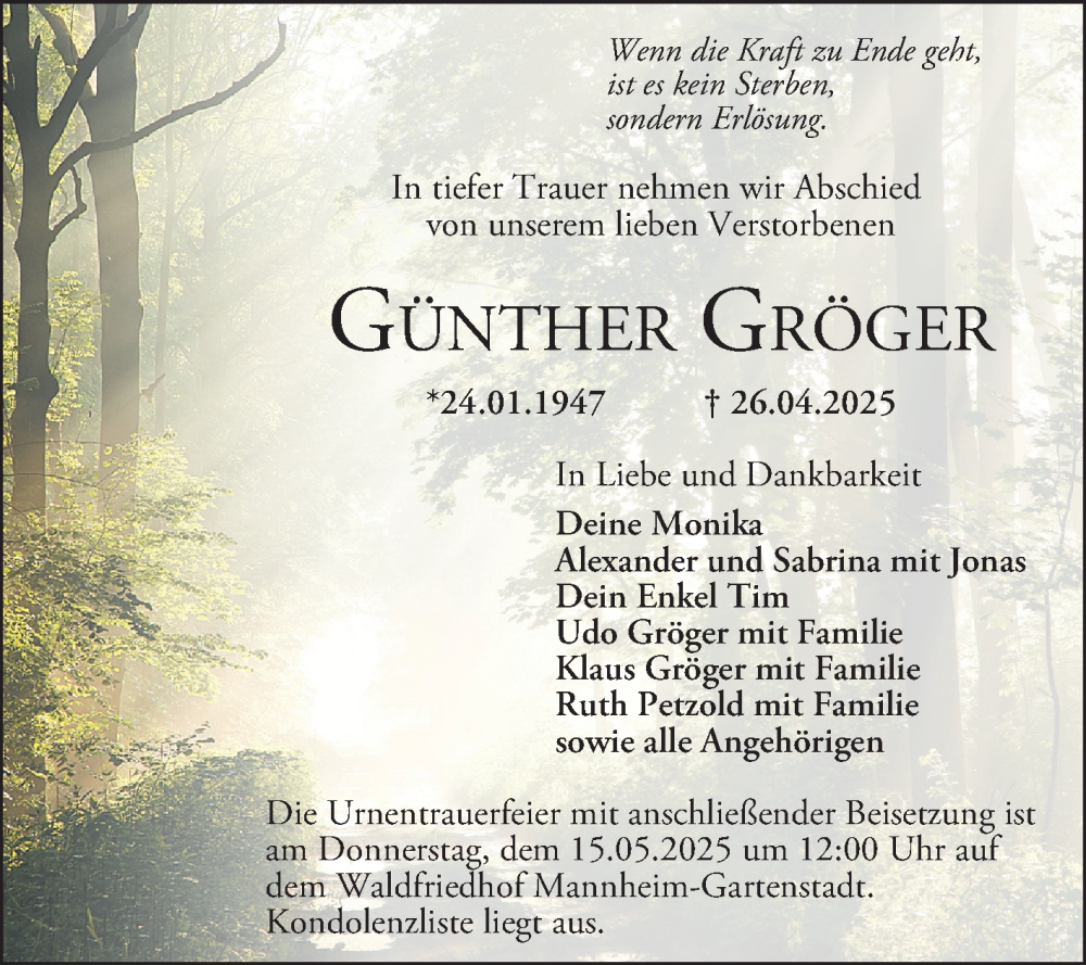  Traueranzeige für Günther Gröger vom 10.05.2025 aus Mannheimer Morgen