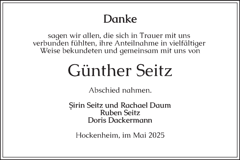  Traueranzeige für Günther Seitz vom 10.05.2025 aus Schwetzinger Zeitung
