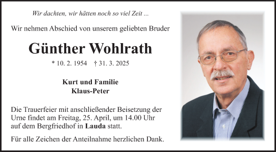 Traueranzeige von Günther Wohlrath von Fränkische Nachrichten