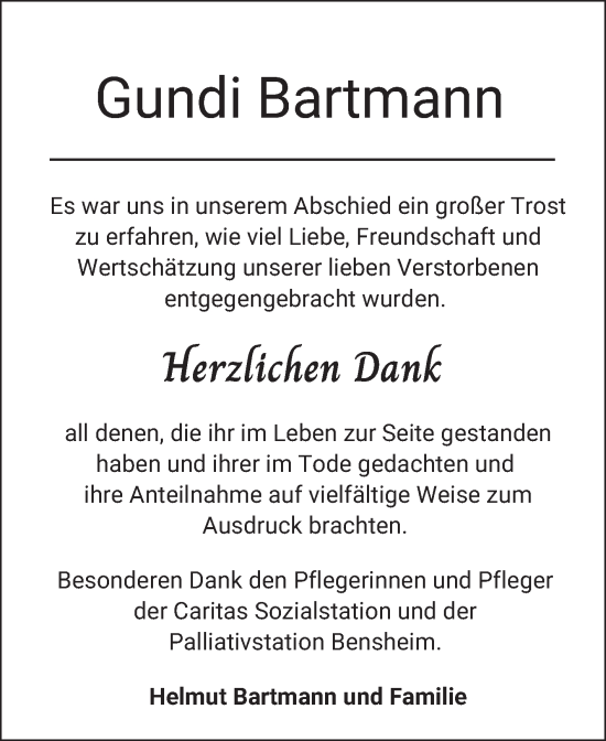 Traueranzeige von Gundi Bartmann von Bergsträßer Anzeiger