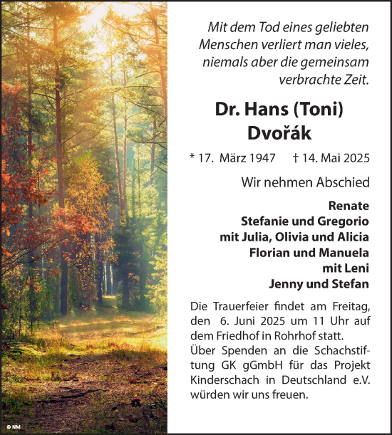 Traueranzeige von Hans Dvorak von Schwetzinger Zeitung