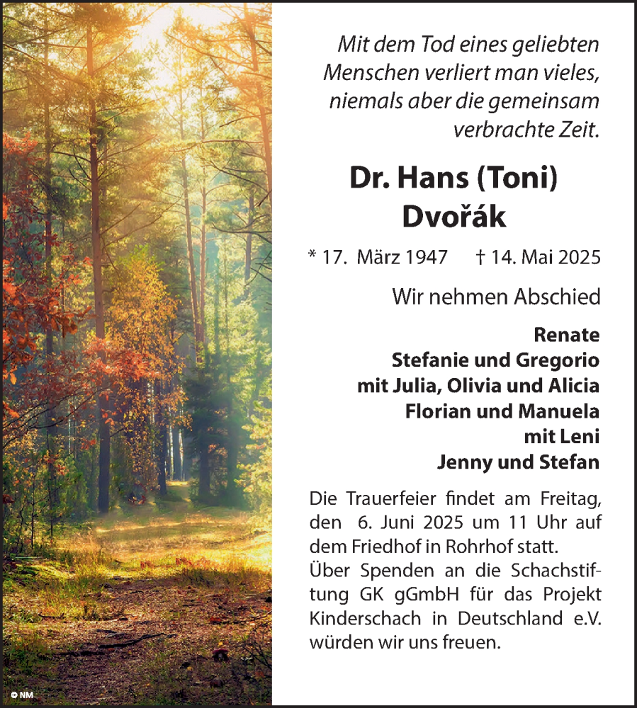  Traueranzeige für Hans Dvorak vom 31.05.2025 aus Schwetzinger Zeitung