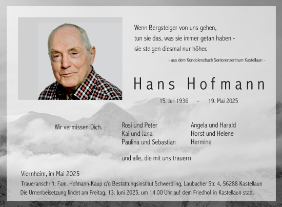 Traueranzeige von Hans Hofmann von Mannheimer Morgen