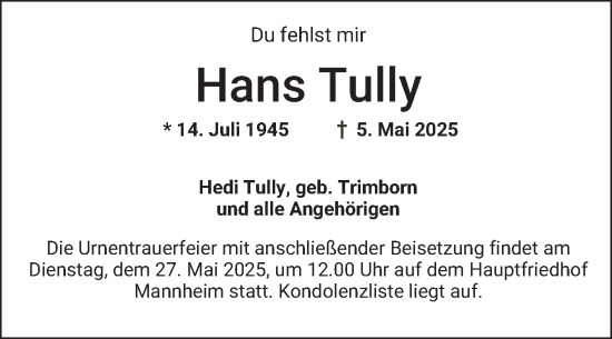 Traueranzeige von Hans Tully von Mannheimer Morgen