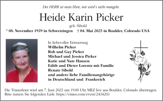 Traueranzeige von Heide Karin Picker von Schwetzinger Zeitung
