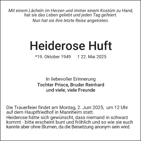 Traueranzeige von Heiderose Huft von Mannheimer Morgen