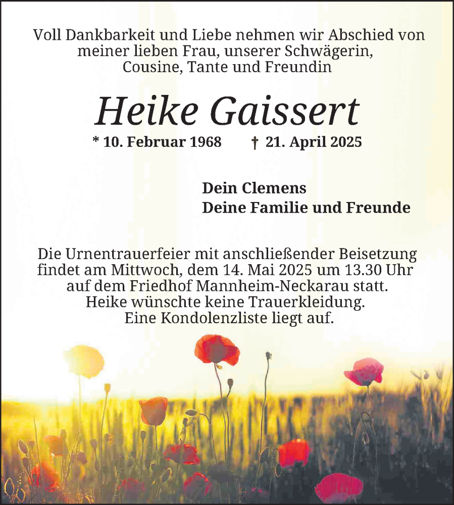  Traueranzeige für Heike Gaissert vom 10.05.2025 aus Mannheimer Morgen