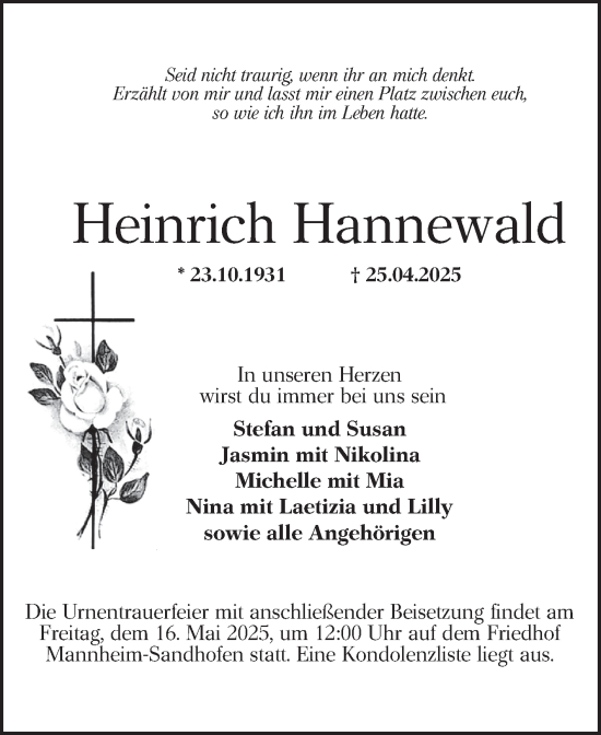 Traueranzeige von Heinrich Hannewald von Mannheimer Morgen