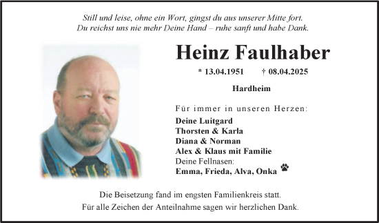 Traueranzeige von Heinz Faulhaber von Fränkische Nachrichten