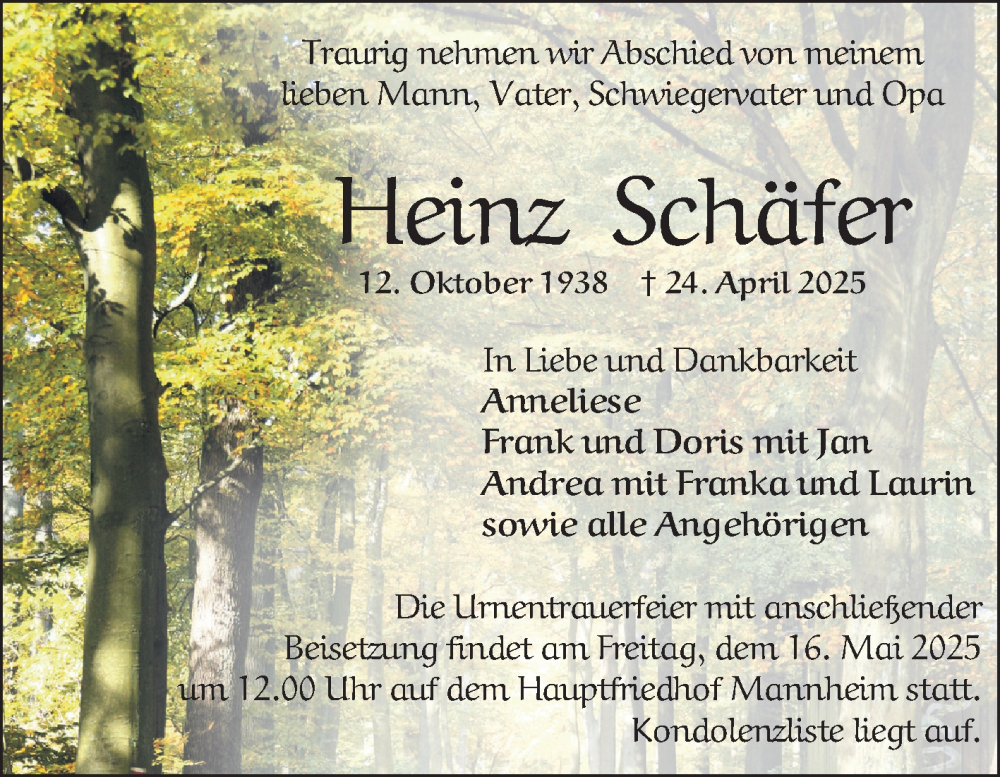  Traueranzeige für Heinz Schäfer vom 03.05.2025 aus Mannheimer Morgen