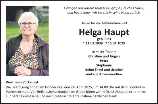 Traueranzeige von Helga Haupt von Fränkische Nachrichten