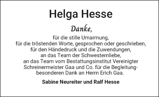 Traueranzeige von Helga Hesse von Schwetzinger Zeitung