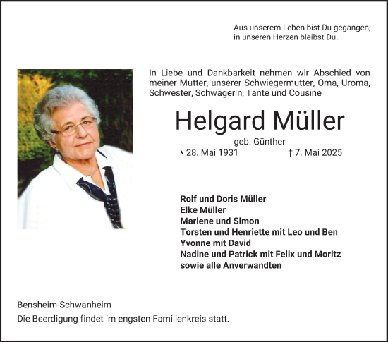 Traueranzeige von Helgard Müller von Bergsträßer Anzeiger