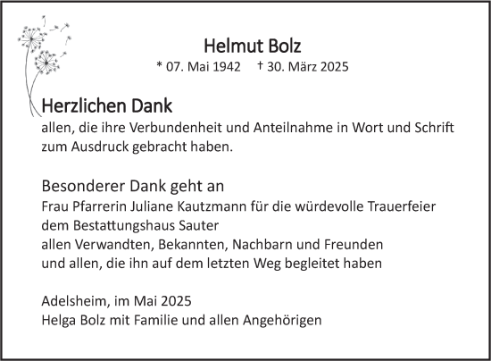 Traueranzeige von Helmut Bolz von Fränkische Nachrichten