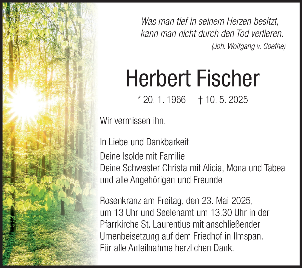  Traueranzeige für Herbert Fischer vom 20.05.2025 aus Fränkische Nachrichten