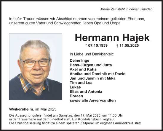 Traueranzeige von Hermann Hajek von Fränkische Nachrichten
