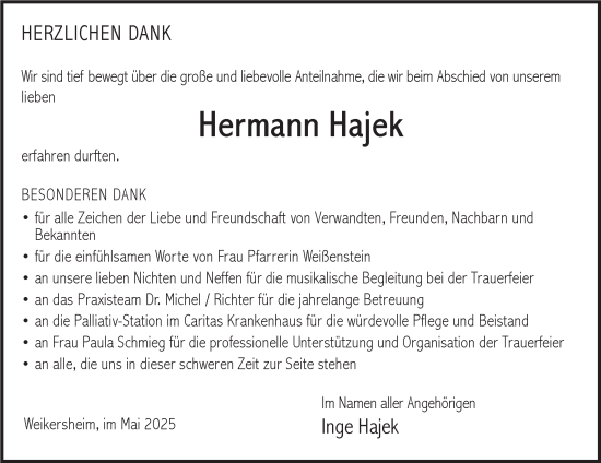 Traueranzeige von Hermann Hajek von Fränkische Nachrichten