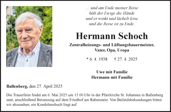 Traueranzeige von Hermann Schoch von Fränkische Nachrichten