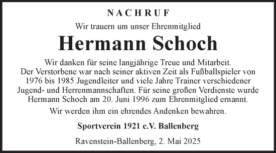 Traueranzeige von Hermann Schoch von Fränkische Nachrichten