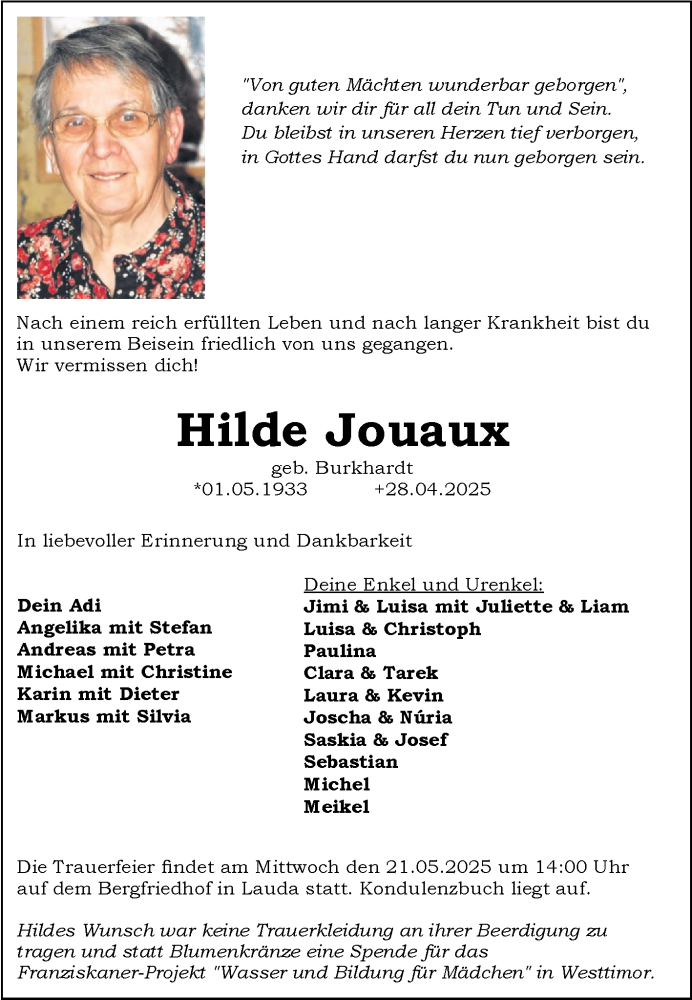  Traueranzeige für Hilde Jouaux vom 10.05.2025 aus Fränkische Nachrichten