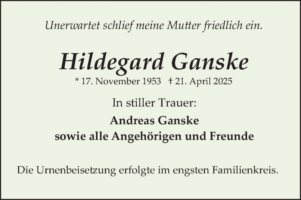  Traueranzeige für Hildegard Ganske vom 13.05.2025 aus Schwetzinger Zeitung