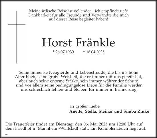 Traueranzeige von Horst Fränkle von Mannheimer Morgen