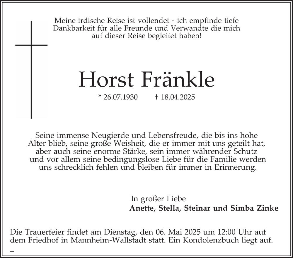  Traueranzeige für Horst Fränkle vom 03.05.2025 aus Mannheimer Morgen