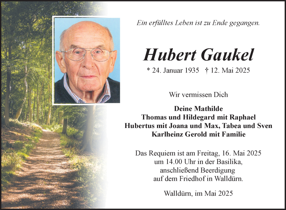  Traueranzeige für Hubert Gaukel vom 14.05.2025 aus Fränkische Nachrichten