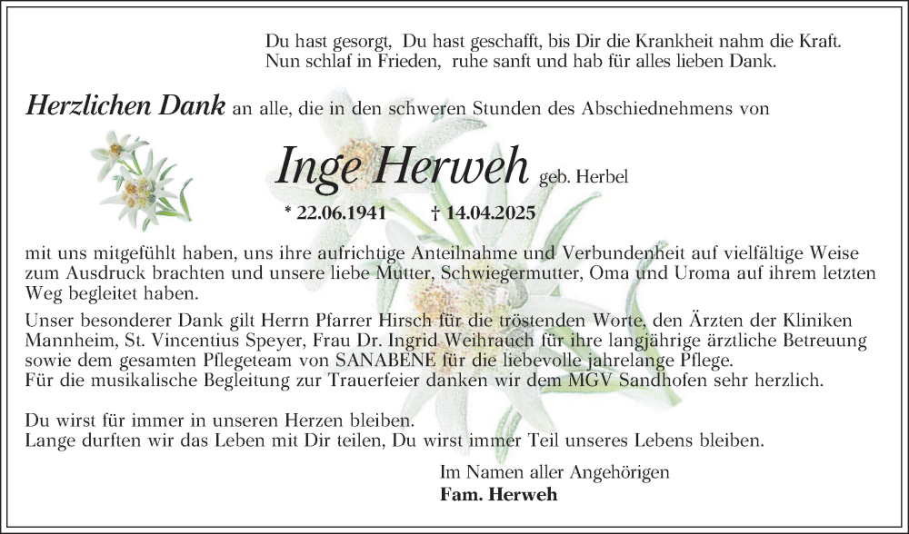  Traueranzeige für Inge Herweh vom 10.05.2025 aus Mannheimer Morgen