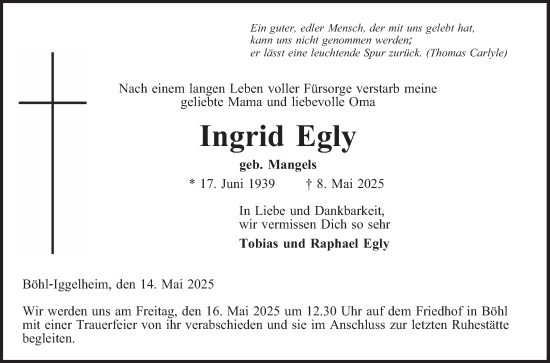 Traueranzeige von Ingrid Egly von Mannheimer Morgen