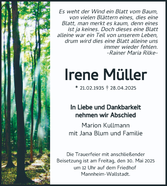 Traueranzeige von Irene Müller von Mannheimer Morgen