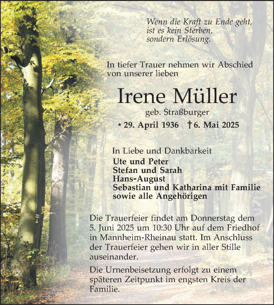  Traueranzeige für Irene Müller vom 31.05.2025 aus Mannheimer Morgen