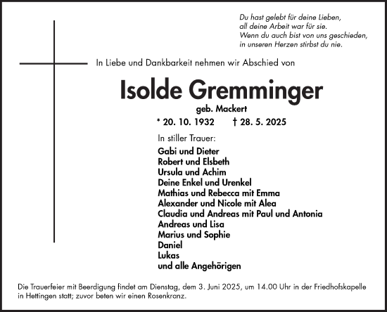 Traueranzeige von Isolde Gremminger von Fränkische Nachrichten