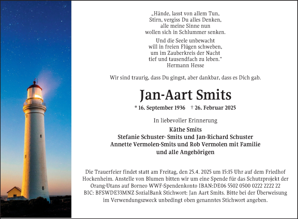 Traueranzeige für Jan-Aart Smits vom 19.04.2025 aus Schwetzinger Zeitung
