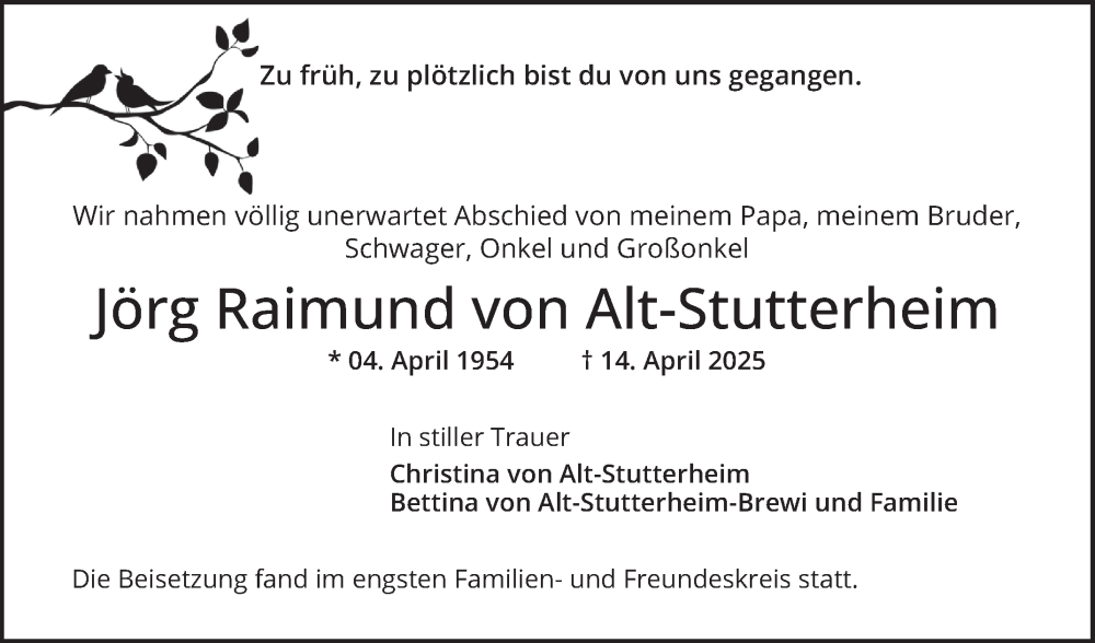  Traueranzeige für Jörg Raimund von Alt-Stutterheim vom 17.05.2025 aus Mannheimer Morgen