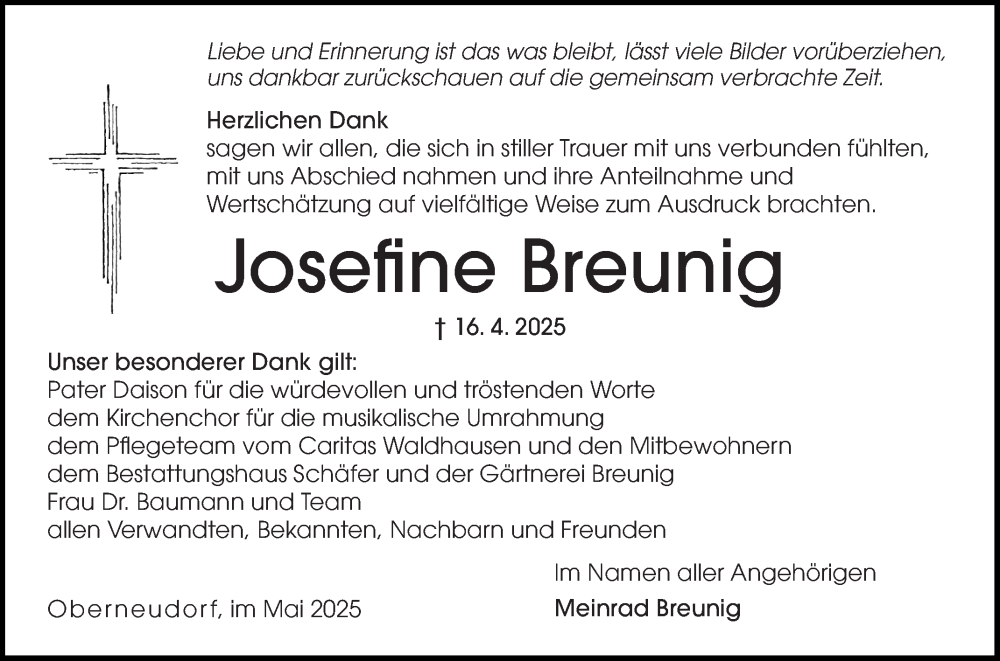  Traueranzeige für Josefine Breunig vom 10.05.2025 aus Fränkische Nachrichten
