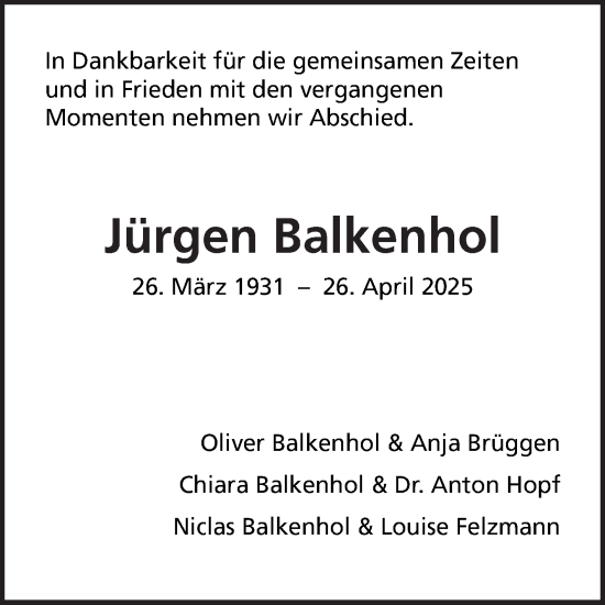 Traueranzeige von Jürgen Balkenhol von Fränkische Nachrichten